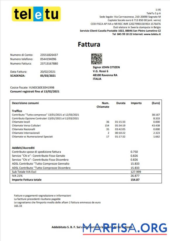 Blank Italy TeleTu utility bill template in Word and PDF format